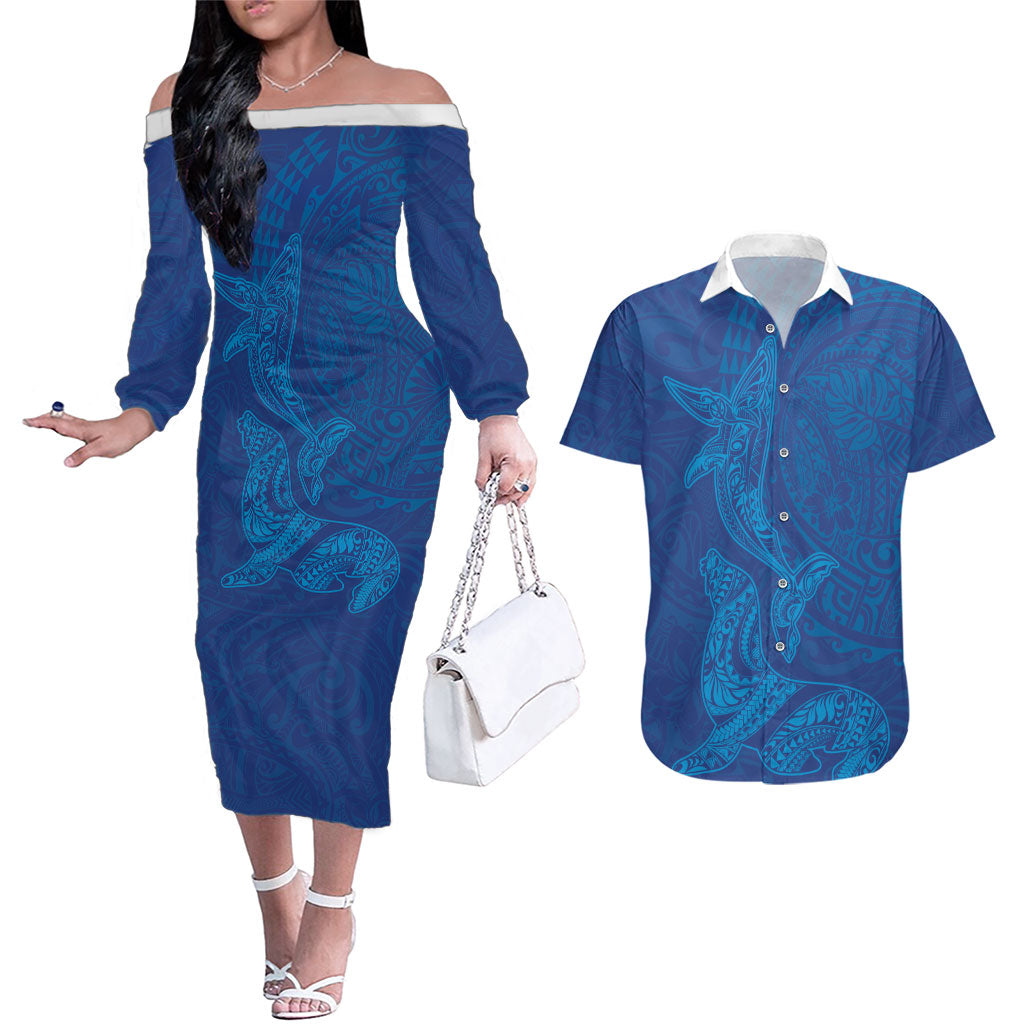 Hawaiian Monk Seal and Whale Couples Matching Off The Shoulder Long Sleeve Dress and Hawaiian Shirt Kakau Tribal Pattern Blue Color