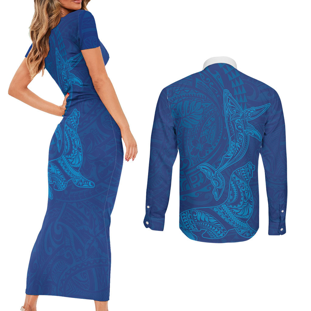 Hawaiian Monk Seal and Whale Couples Matching Short Sleeve Bodycon Dress and Long Sleeve Button Shirt Kakau Tribal Pattern Blue Color