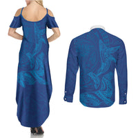 Hawaiian Monk Seal and Whale Couples Matching Summer Maxi Dress and Long Sleeve Button Shirt Kakau Tribal Pattern Blue Color