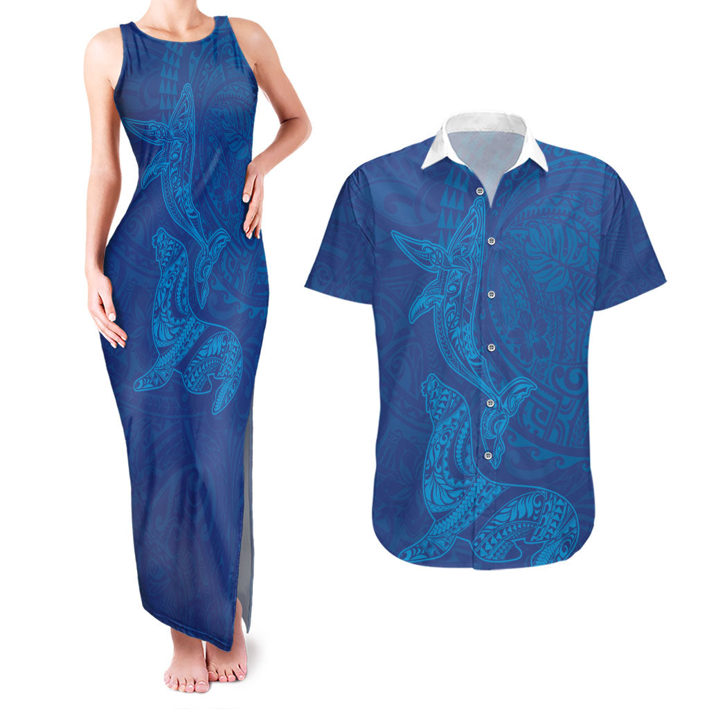 Hawaiian Monk Seal and Whale Couples Matching Tank Maxi Dress and Hawaiian Shirt Kakau Tribal Pattern Blue Color