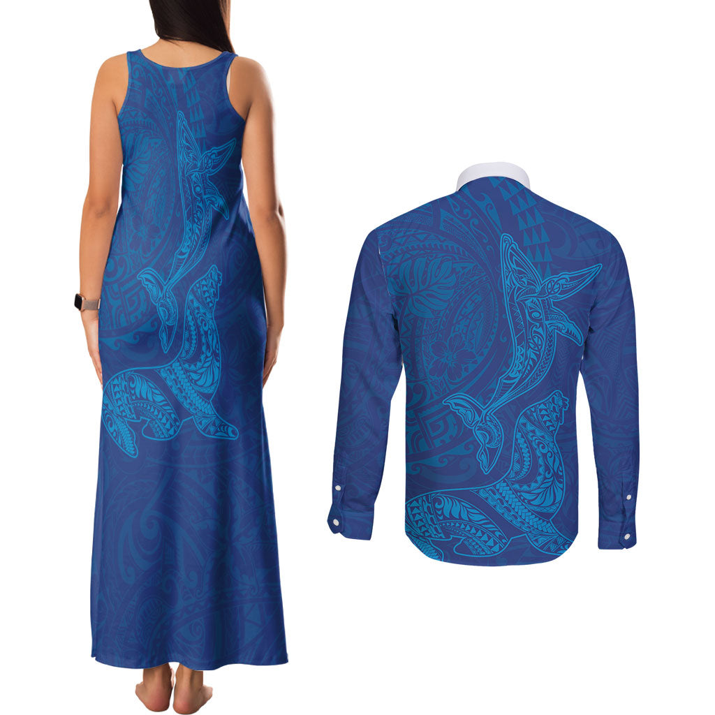Hawaiian Monk Seal and Whale Couples Matching Tank Maxi Dress and Long Sleeve Button Shirt Kakau Tribal Pattern Blue Color