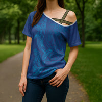 Hawaiian Monk Seal and Whale Cross Shoulder Shirt Kakau Tribal Pattern Blue Color