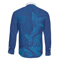 Hawaiian Monk Seal and Whale Family Matching Long Sleeve Bodycon Dress and Hawaiian Shirt Kakau Tribal Pattern Blue Color