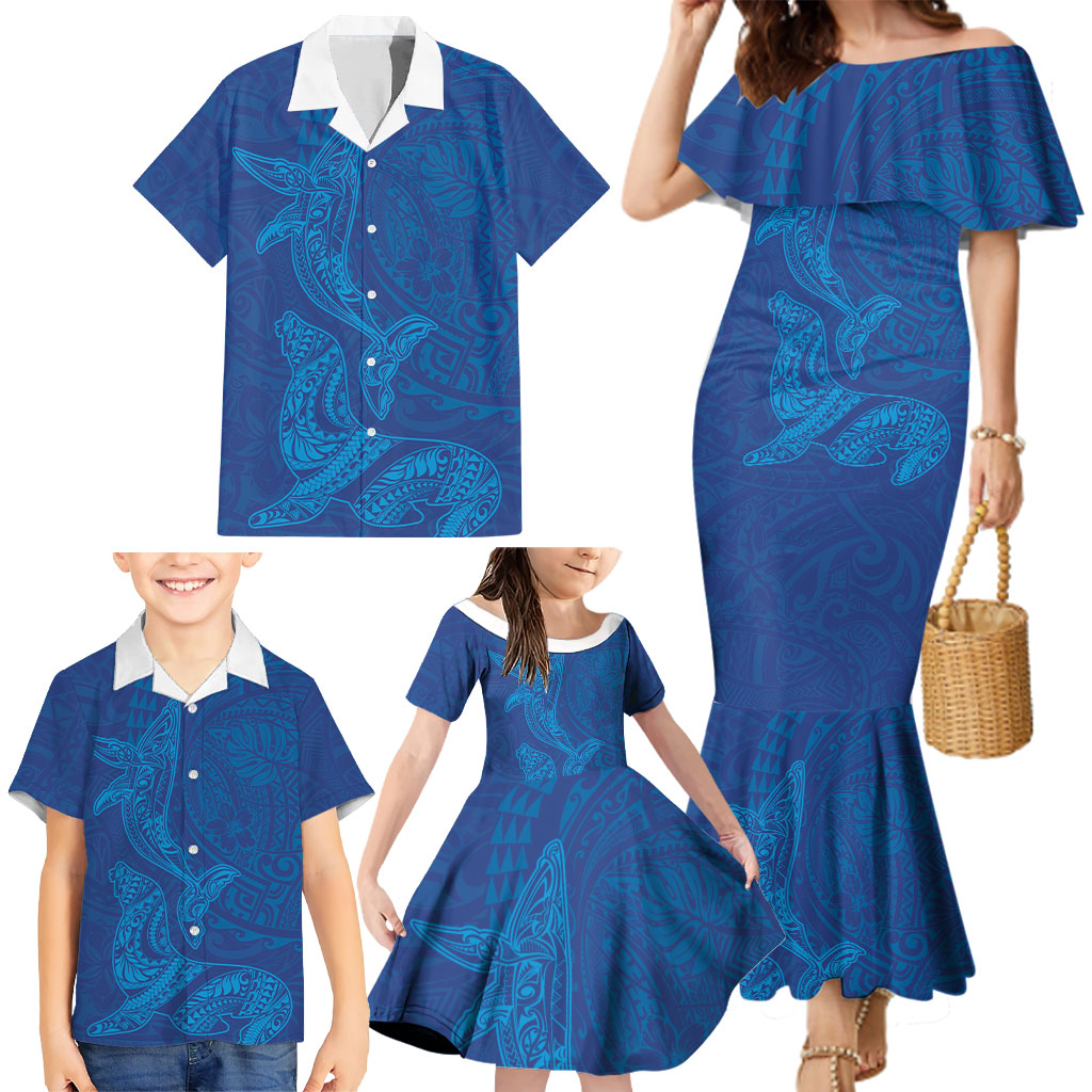 Hawaiian Monk Seal and Whale Family Matching Mermaid Dress and Hawaiian Shirt Kakau Tribal Pattern Blue Color
