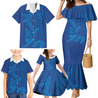 Hawaiian Monk Seal and Whale Family Matching Mermaid Dress and Hawaiian Shirt Kakau Tribal Pattern Blue Color