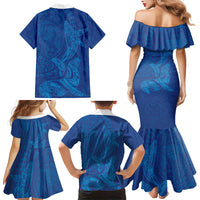 Hawaiian Monk Seal and Whale Family Matching Mermaid Dress and Hawaiian Shirt Kakau Tribal Pattern Blue Color