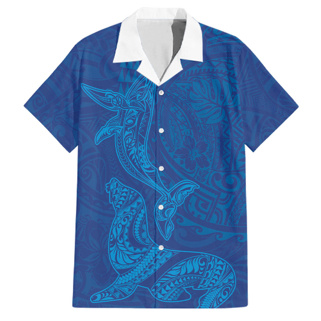 Hawaiian Monk Seal and Whale Family Matching Mermaid Dress and Hawaiian Shirt Kakau Tribal Pattern Blue Color