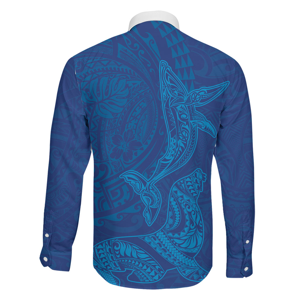 Hawaiian Monk Seal and Whale Family Matching Mermaid Dress and Hawaiian Shirt Kakau Tribal Pattern Blue Color