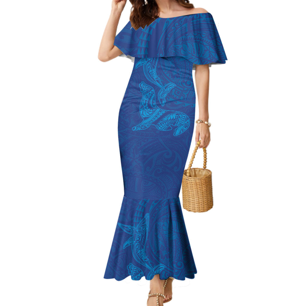 Hawaiian Monk Seal and Whale Family Matching Mermaid Dress and Hawaiian Shirt Kakau Tribal Pattern Blue Color