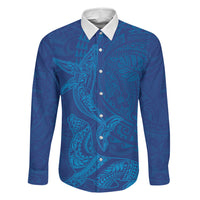 Hawaiian Monk Seal and Whale Family Matching Off The Shoulder Long Sleeve Dress and Hawaiian Shirt Kakau Tribal Pattern Blue Color