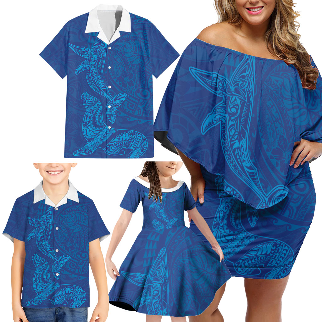 Hawaiian Monk Seal and Whale Family Matching Off Shoulder Short Dress and Hawaiian Shirt Kakau Tribal Pattern Blue Color