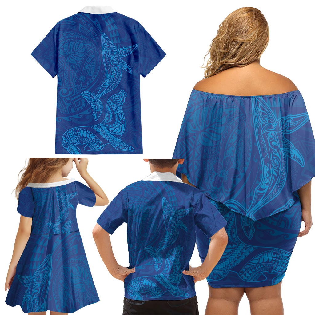 Hawaiian Monk Seal and Whale Family Matching Off Shoulder Short Dress and Hawaiian Shirt Kakau Tribal Pattern Blue Color