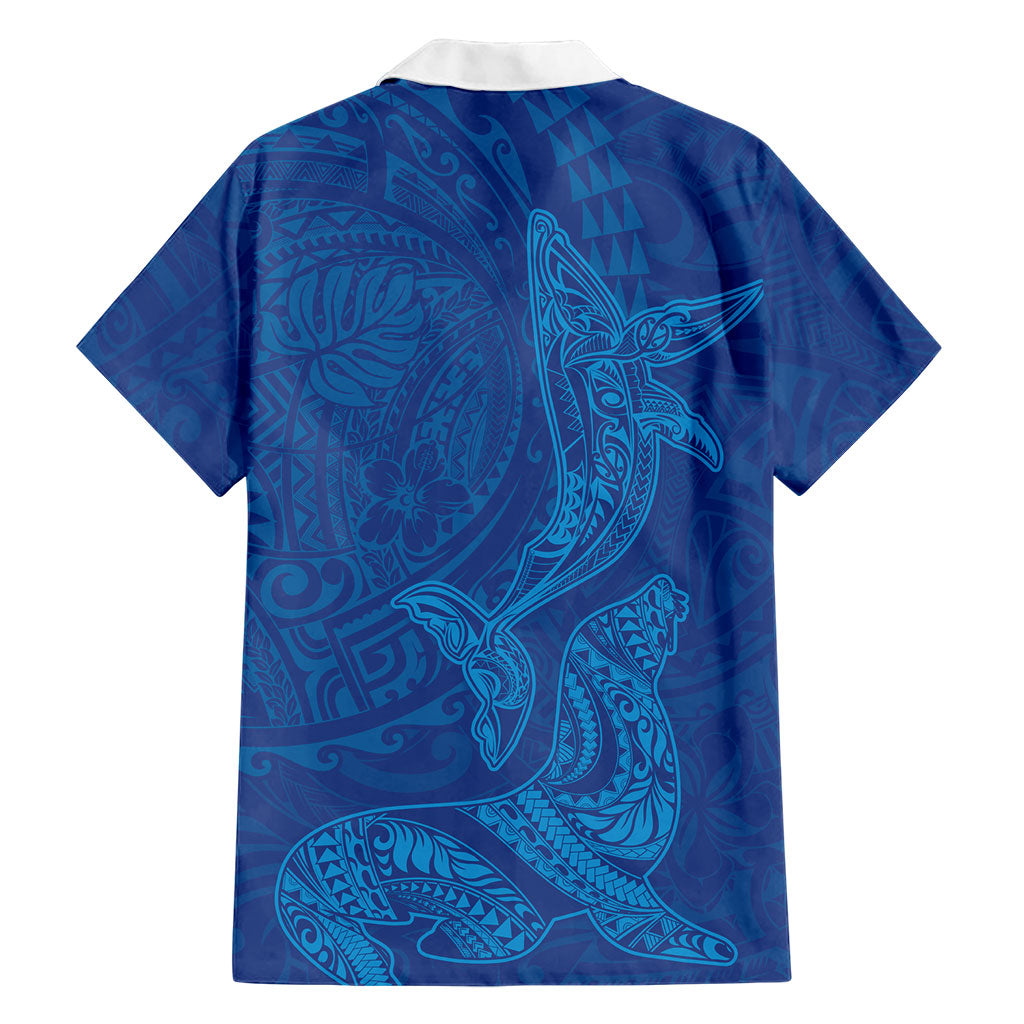 Hawaiian Monk Seal and Whale Family Matching Off Shoulder Short Dress and Hawaiian Shirt Kakau Tribal Pattern Blue Color