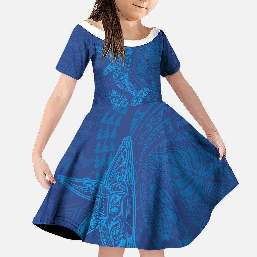 Hawaiian Monk Seal and Whale Family Matching Puletasi and Hawaiian Shirt Kakau Tribal Pattern Blue Color