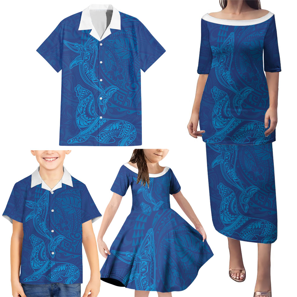 Hawaiian Monk Seal and Whale Family Matching Puletasi and Hawaiian Shirt Kakau Tribal Pattern Blue Color
