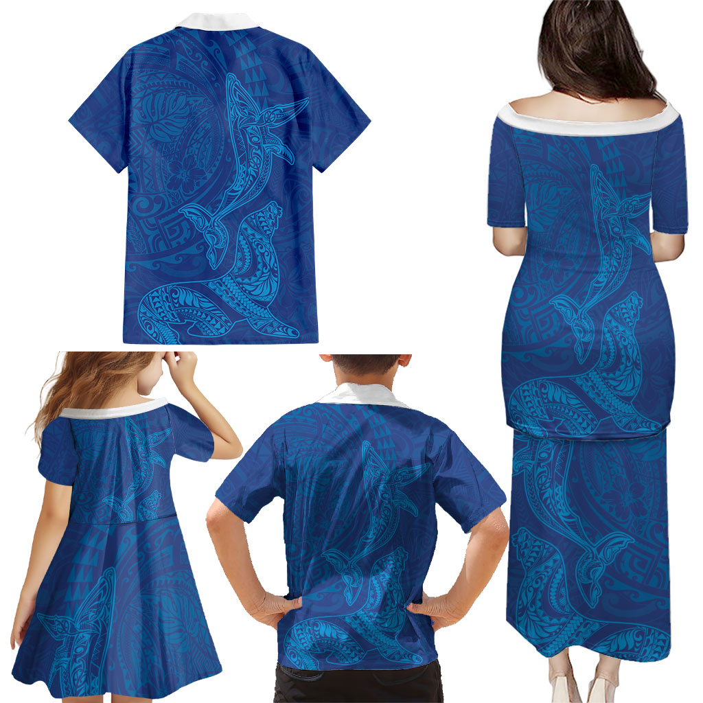 Hawaiian Monk Seal and Whale Family Matching Puletasi and Hawaiian Shirt Kakau Tribal Pattern Blue Color