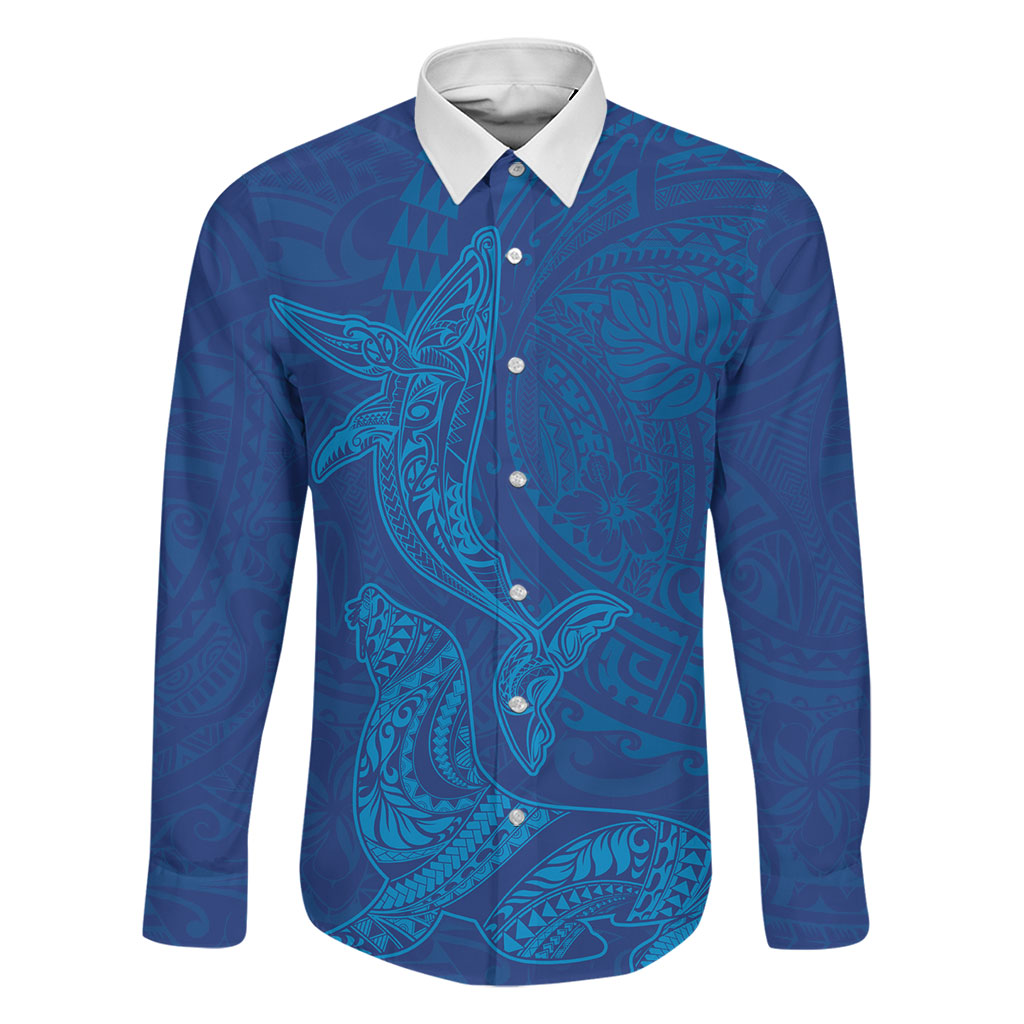 Hawaiian Monk Seal and Whale Family Matching Puletasi and Hawaiian Shirt Kakau Tribal Pattern Blue Color