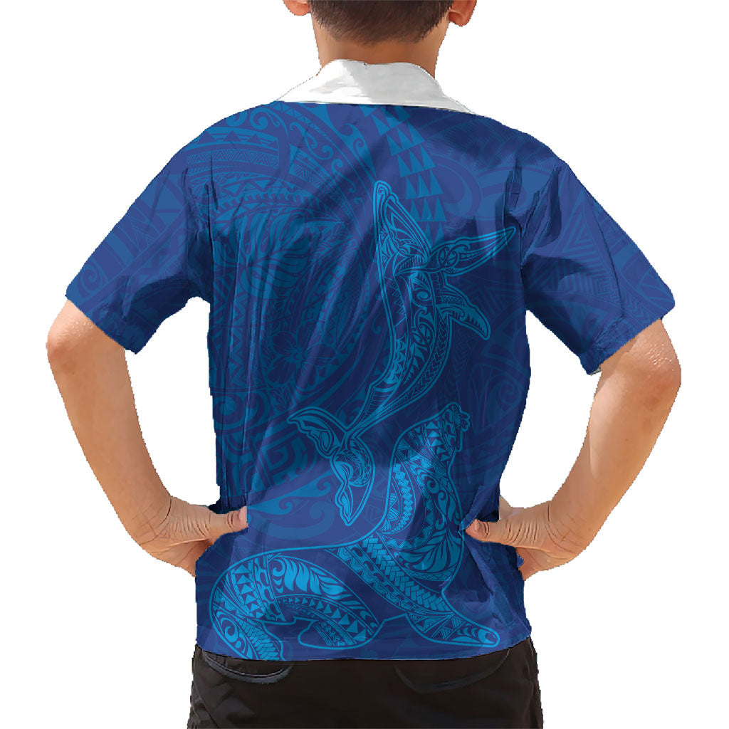 Hawaiian Monk Seal and Whale Family Matching Short Sleeve Bodycon Dress and Hawaiian Shirt Kakau Tribal Pattern Blue Color