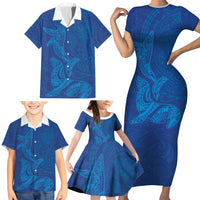Hawaiian Monk Seal and Whale Family Matching Short Sleeve Bodycon Dress and Hawaiian Shirt Kakau Tribal Pattern Blue Color