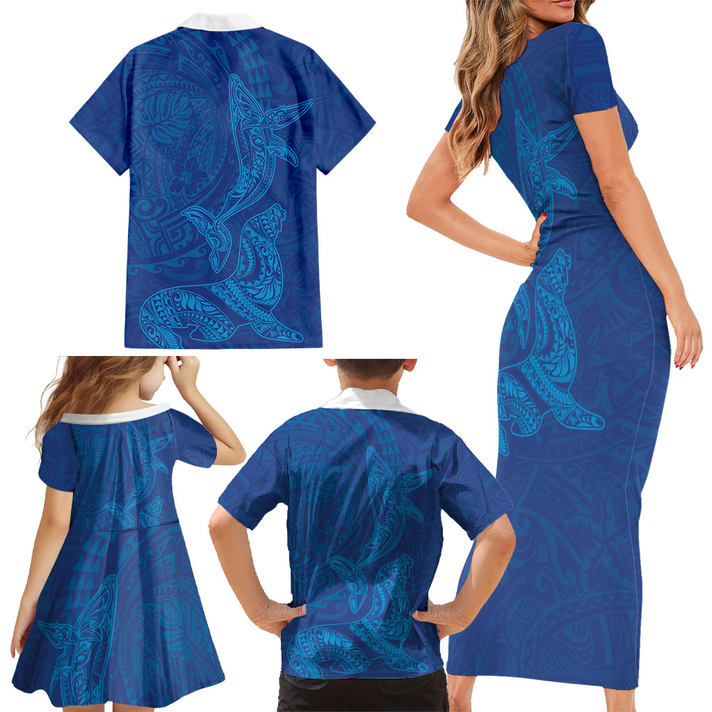 Hawaiian Monk Seal and Whale Family Matching Short Sleeve Bodycon Dress and Hawaiian Shirt Kakau Tribal Pattern Blue Color