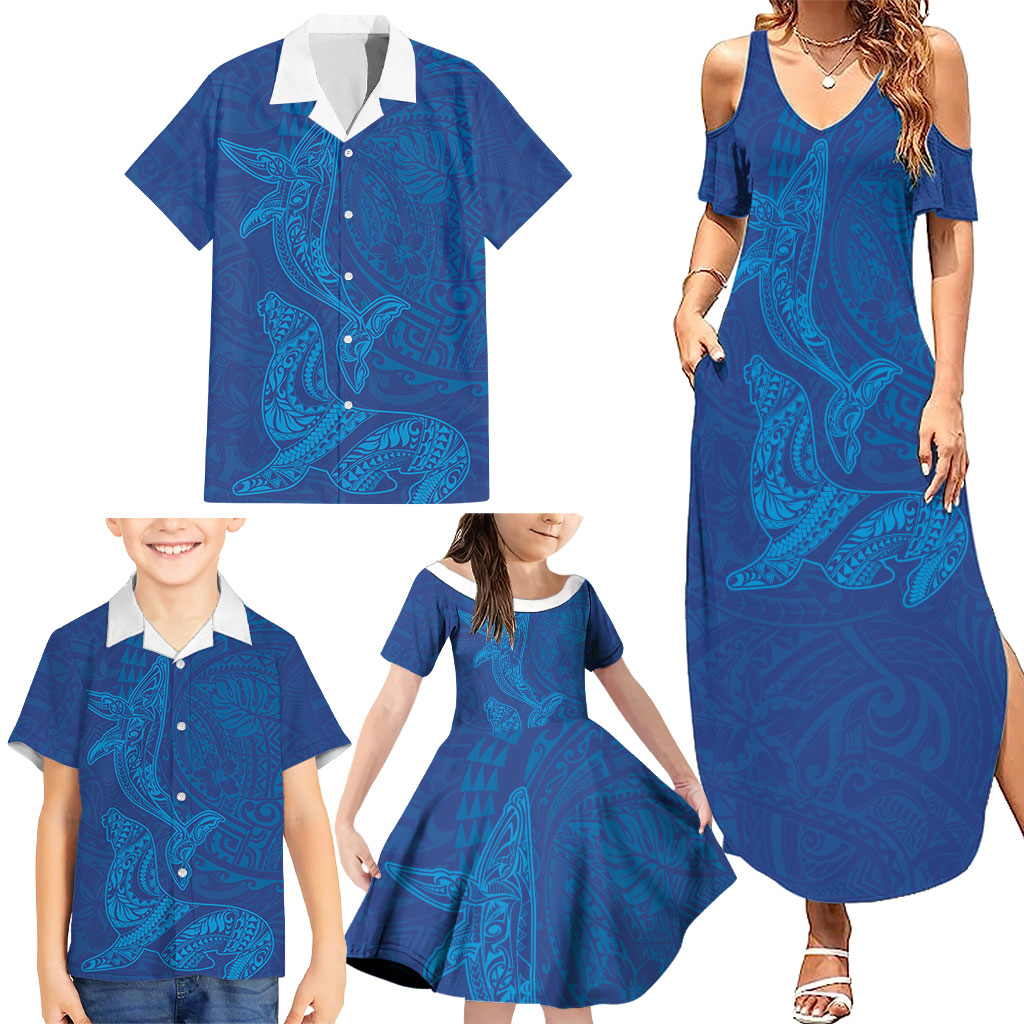 Hawaiian Monk Seal and Whale Family Matching Summer Maxi Dress and Hawaiian Shirt Kakau Tribal Pattern Blue Color