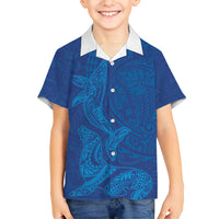 Hawaiian Monk Seal and Whale Family Matching Summer Maxi Dress and Hawaiian Shirt Kakau Tribal Pattern Blue Color