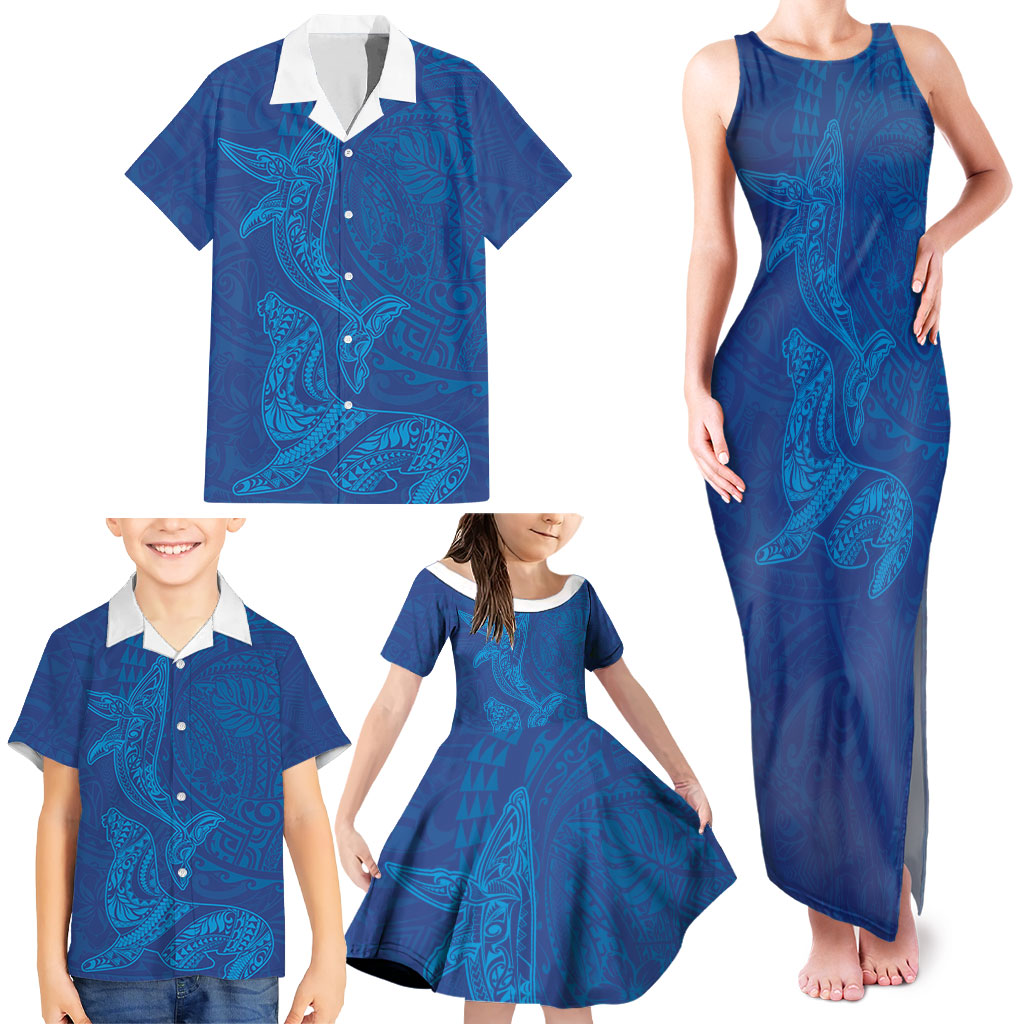 Hawaiian Monk Seal and Whale Family Matching Tank Maxi Dress and Hawaiian Shirt Kakau Tribal Pattern Blue Color