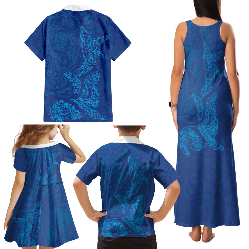 Hawaiian Monk Seal and Whale Family Matching Tank Maxi Dress and Hawaiian Shirt Kakau Tribal Pattern Blue Color