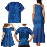 Hawaiian Monk Seal and Whale Family Matching Tank Maxi Dress and Hawaiian Shirt Kakau Tribal Pattern Blue Color