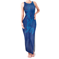 Hawaiian Monk Seal and Whale Family Matching Tank Maxi Dress and Hawaiian Shirt Kakau Tribal Pattern Blue Color
