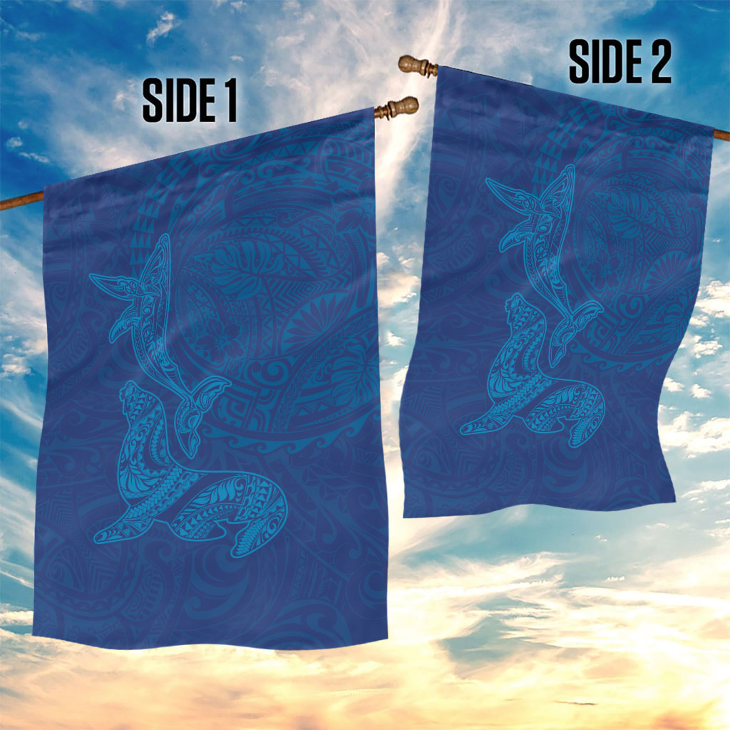 Hawaiian Monk Seal and Whale Garden Flag Kakau Tribal Pattern Blue Color