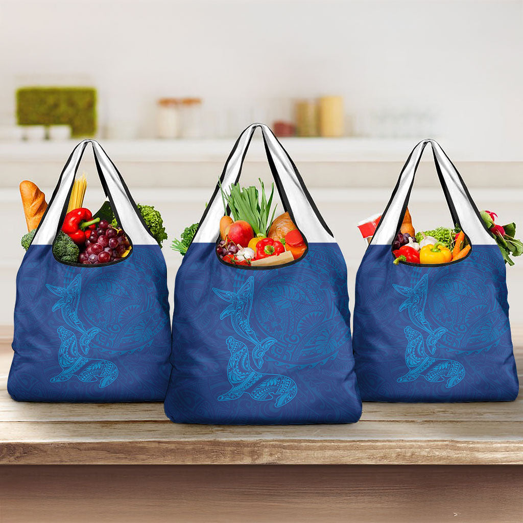 Hawaiian Monk Seal and Whale Grocery Bag Kakau Tribal Pattern Blue Color LT03 3-pack One Size Blue - Polynesian Pride