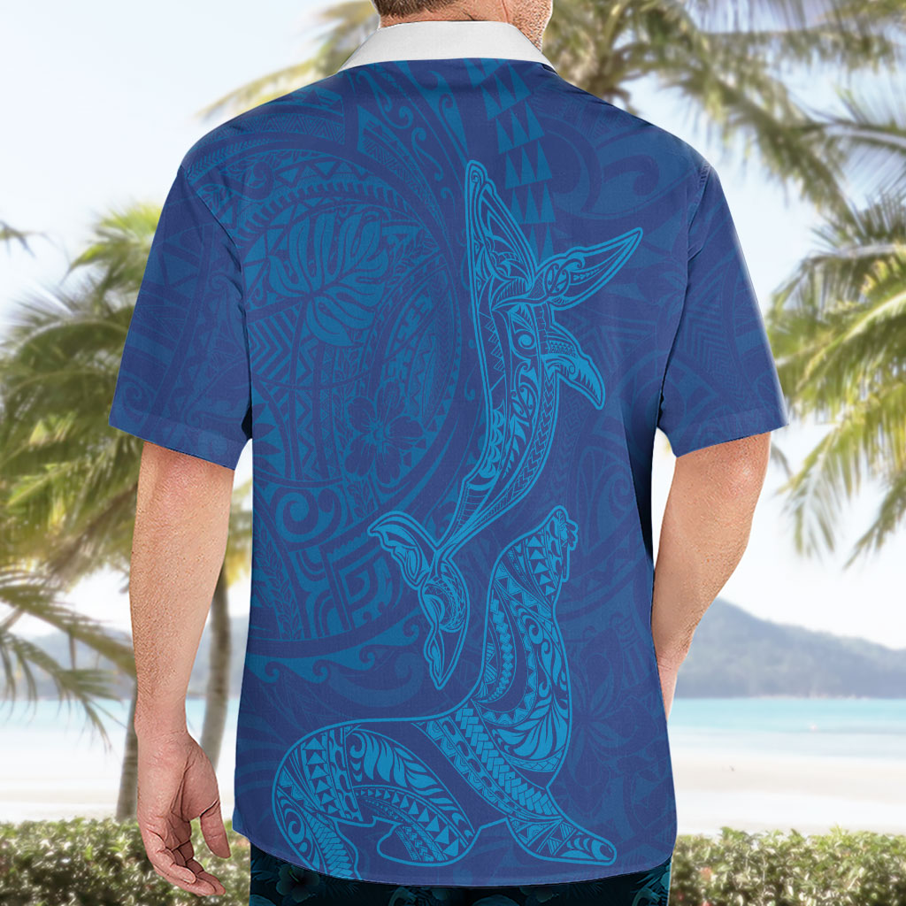 Hawaiian Monk Seal and Whale Hawaiian Shirt Kakau Tribal Pattern Blue Color