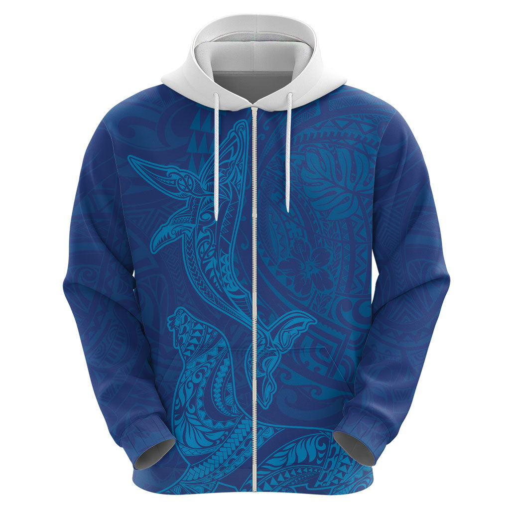 Hawaiian Monk Seal and Whale Hoodie Kakau Tribal Pattern Blue Color