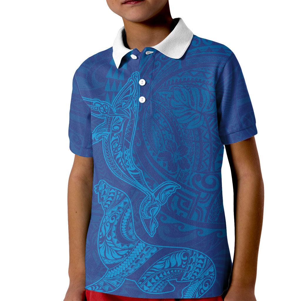 Hawaiian Monk Seal and Whale Kid Polo Shirt Kakau Tribal Pattern Blue Color