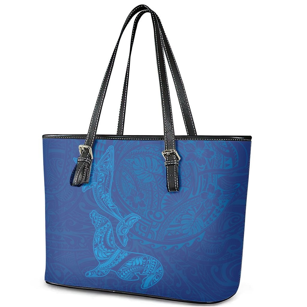 Hawaiian Monk Seal and Whale Leather Tote Bag Kakau Tribal Pattern Blue Color
