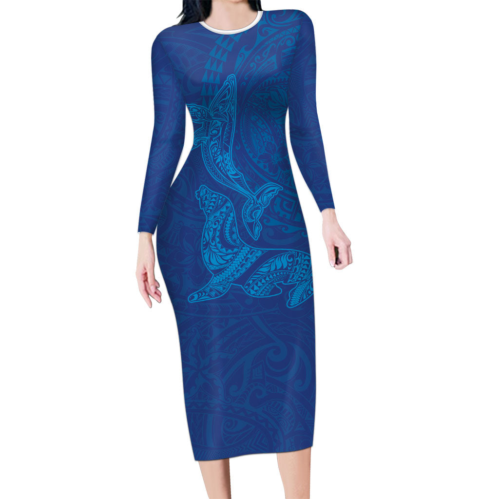 Hawaiian Monk Seal and Whale Long Sleeve Bodycon Dress Kakau Tribal Pattern Blue Color LT03 Long Dress Blue - Polynesian Pride