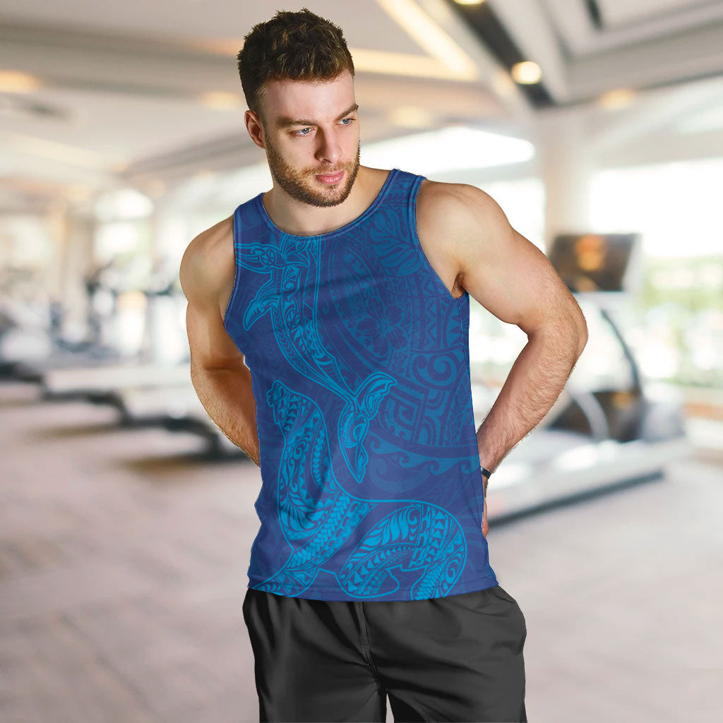 Hawaiian Monk Seal and Whale Men Tank Top Kakau Tribal Pattern Blue Color