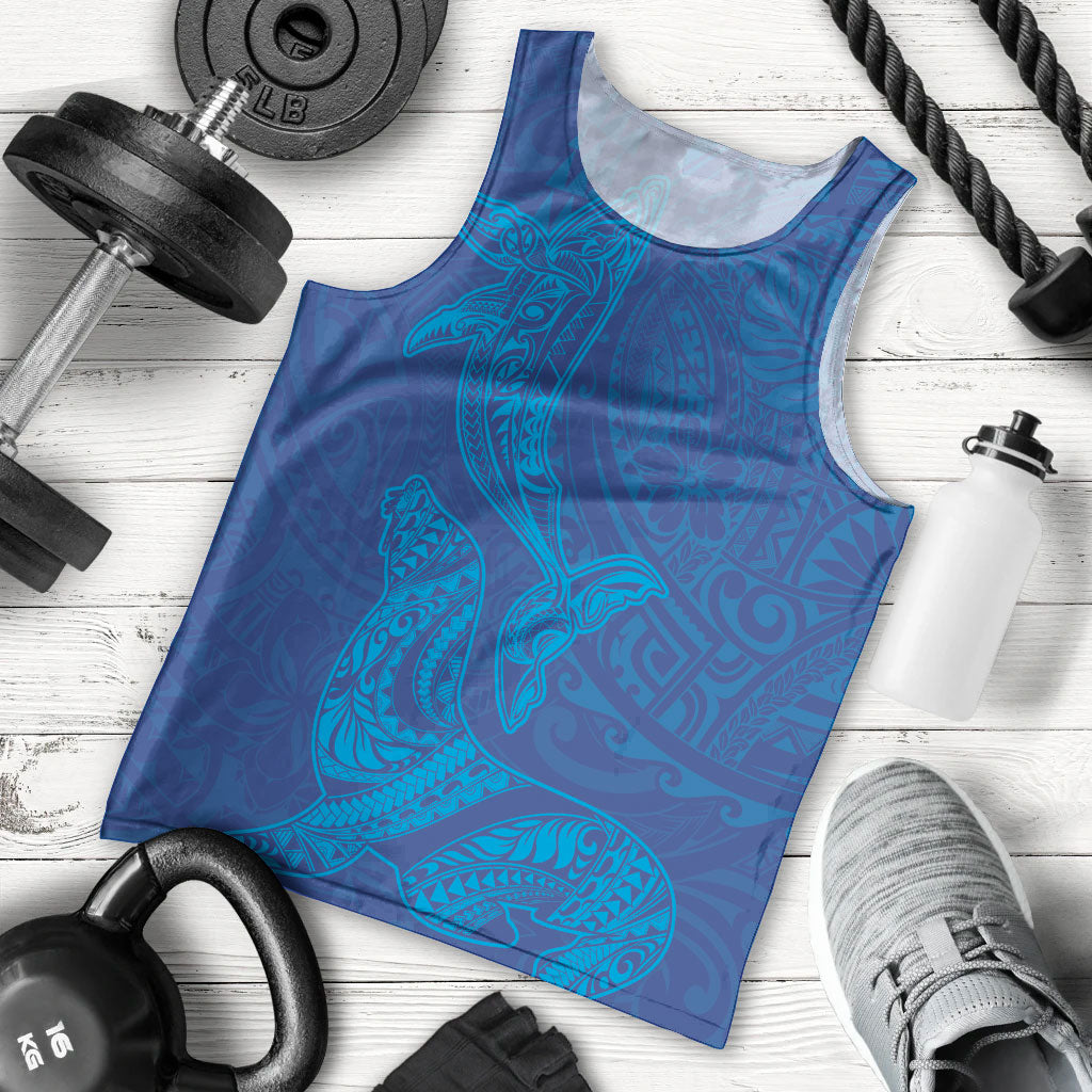 Hawaiian Monk Seal and Whale Men Tank Top Kakau Tribal Pattern Blue Color