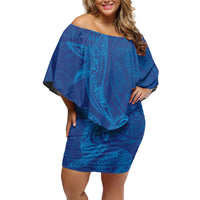 Hawaiian Monk Seal and Whale Off Shoulder Short Dress Kakau Tribal Pattern Blue Color LT03 Women Blue - Polynesian Pride