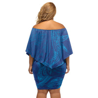 Hawaiian Monk Seal and Whale Off Shoulder Short Dress Kakau Tribal Pattern Blue Color LT03 - Polynesian Pride