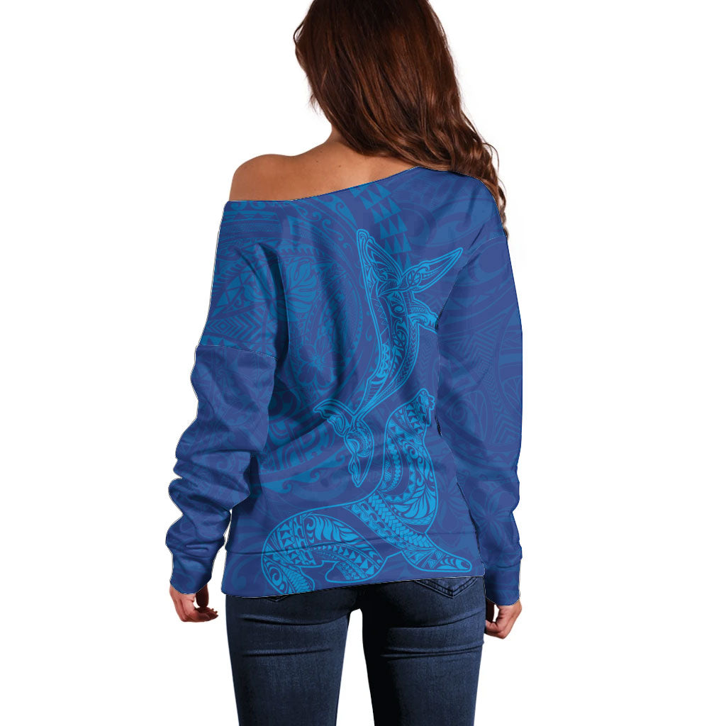 Hawaiian Monk Seal and Whale Off Shoulder Sweater Kakau Tribal Pattern Blue Color LT03 - Polynesian Pride
