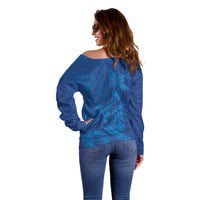 Hawaiian Monk Seal and Whale Off Shoulder Sweater Kakau Tribal Pattern Blue Color LT03 - Polynesian Pride