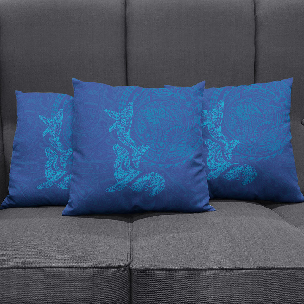 Hawaiian Monk Seal and Whale Pillow Cover Kakau Tribal Pattern Blue Color LT03 - Polynesian Pride
