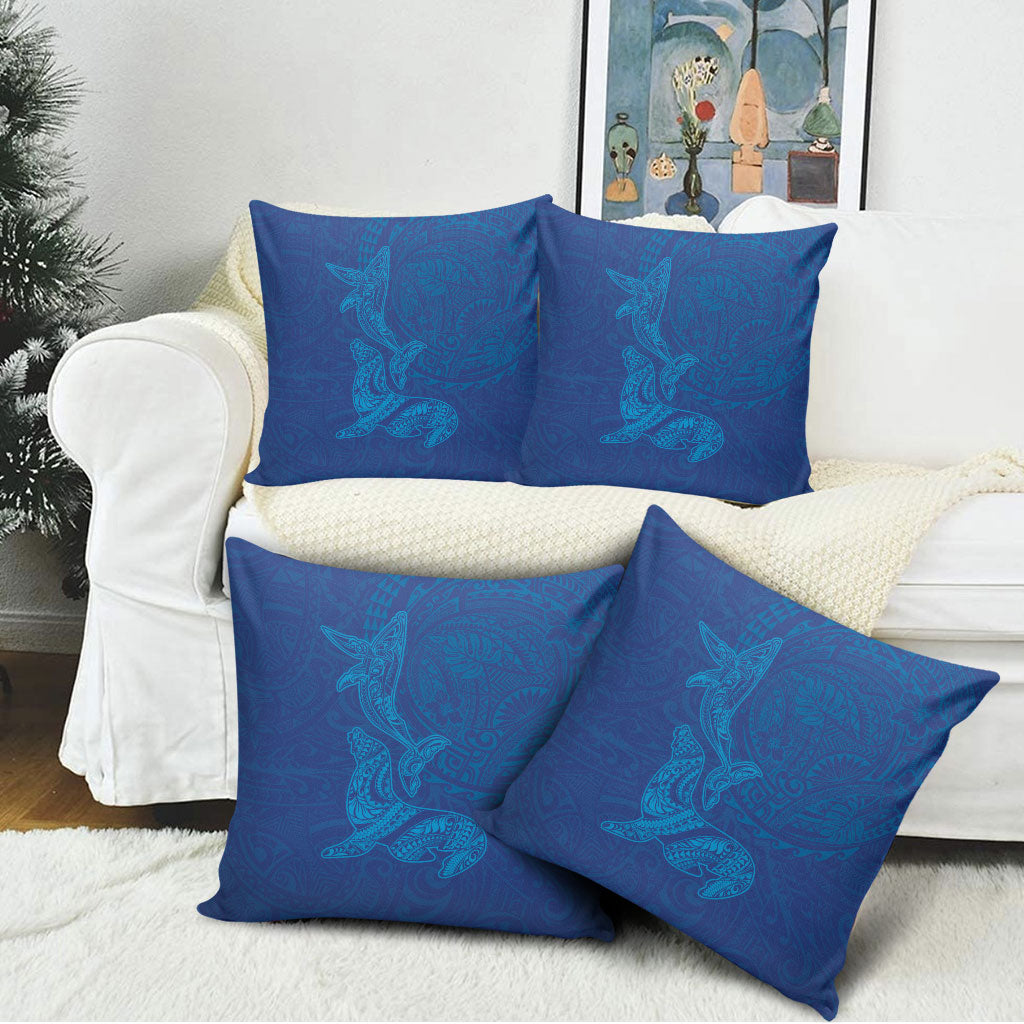 Hawaiian Monk Seal and Whale Pillow Cover Kakau Tribal Pattern Blue Color LT03 - Polynesian Pride