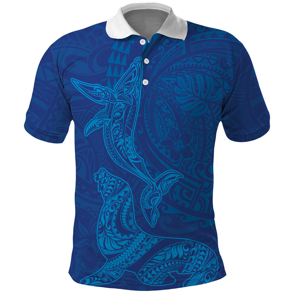 Hawaiian Monk Seal and Whale Polo Shirt Kakau Tribal Pattern Blue Color
