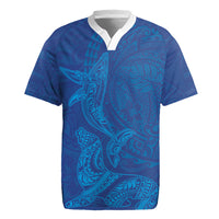 Hawaiian Monk Seal and Whale Rugby Jersey Kakau Tribal Pattern Blue Color