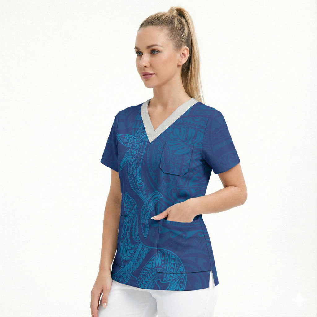 Hawaiian Monk Seal and Whale Scrub Top Kakau Tribal Pattern Blue Color