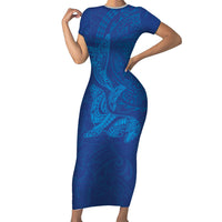 Hawaiian Monk Seal and Whale Short Sleeve Bodycon Dress Kakau Tribal Pattern Blue Color LT03 Long Dress Blue - Polynesian Pride