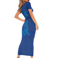 Hawaiian Monk Seal and Whale Short Sleeve Bodycon Dress Kakau Tribal Pattern Blue Color LT03 - Polynesian Pride